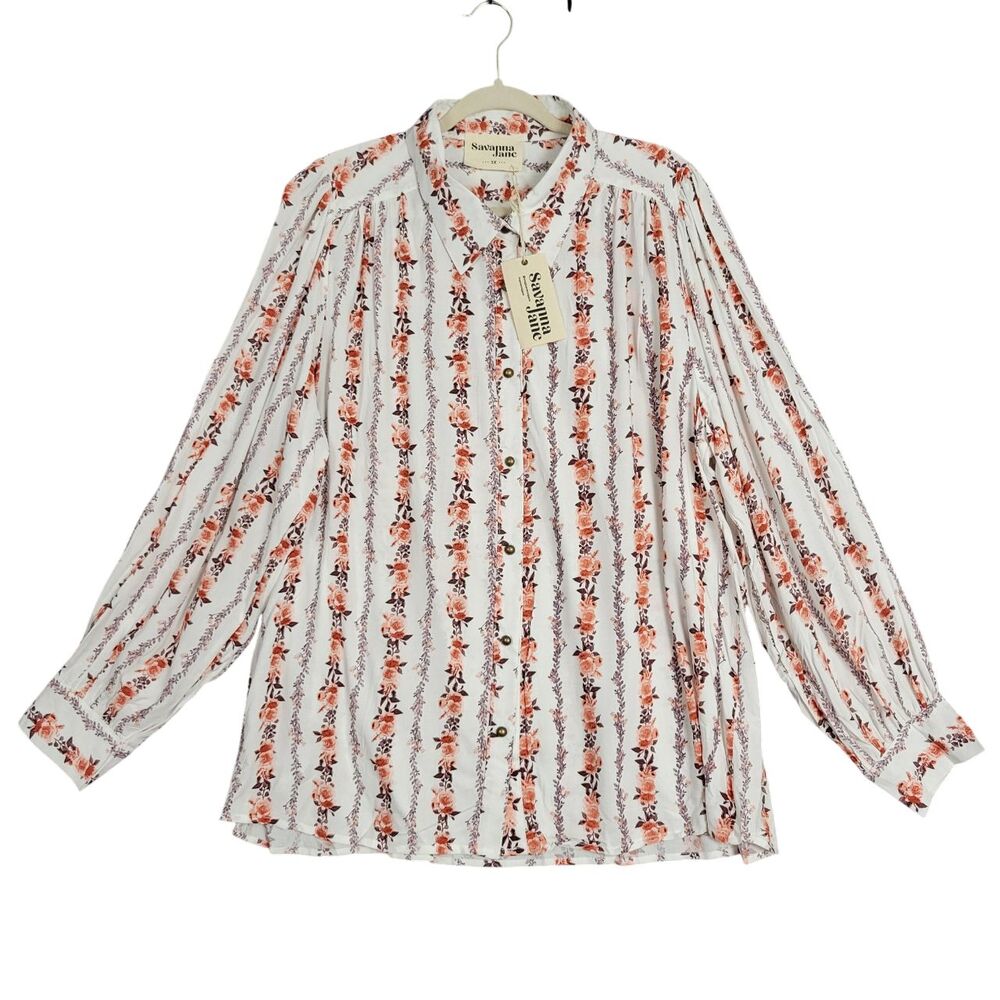 SAVANNA JANE White Floral Stripe Long Sleeve Button Top Boho Cottagecore SIZE 3X